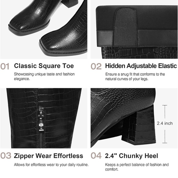 New Suedi Womens Knee High Black Croc Embossed Chunky Heel Squared Toe Boots Sz9 - Picture 4 of 16